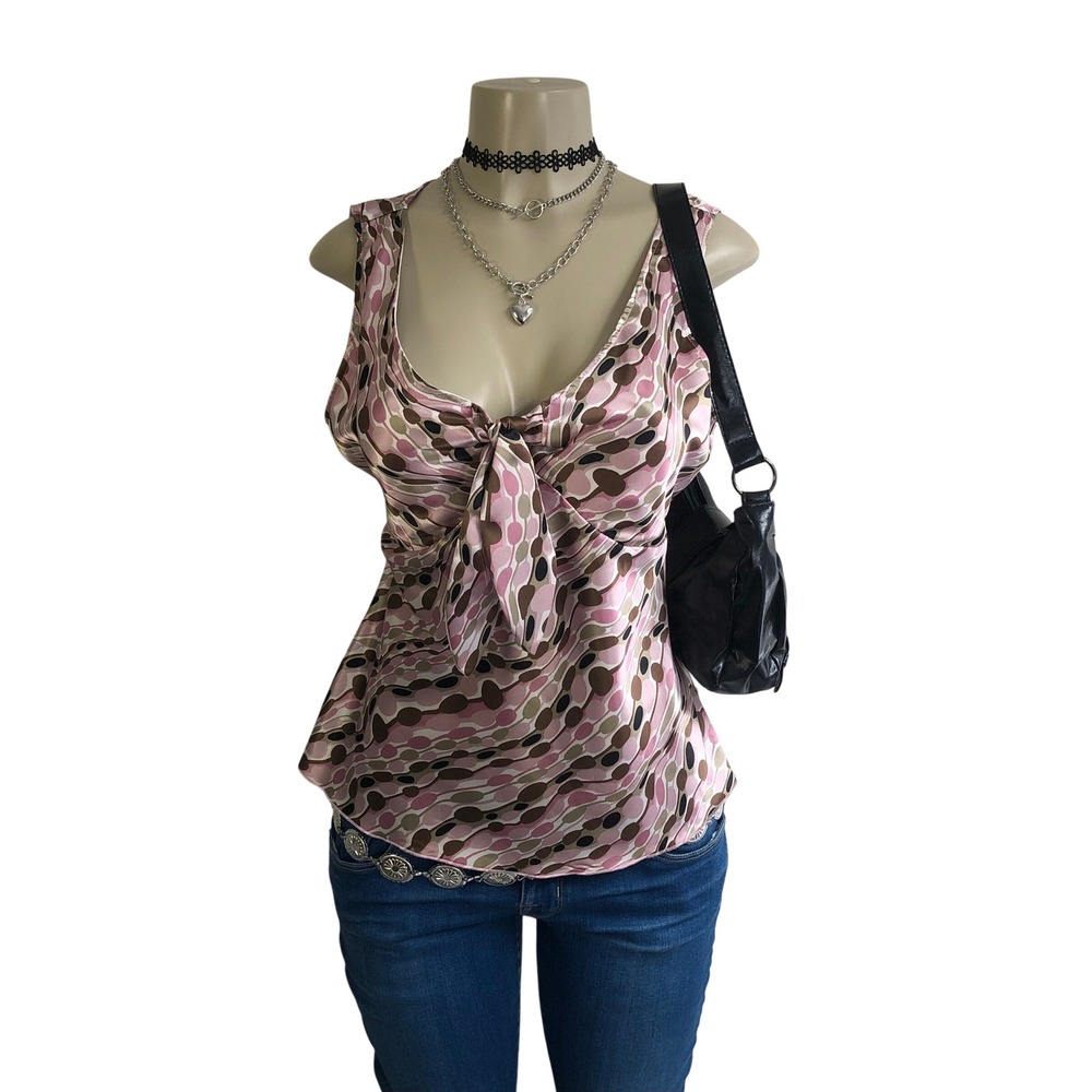 Vintage Y2K Tamara H Satin Geometric Tie Front Tank Top Pink Brown Womens L Mod